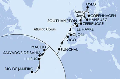 Itinerariu Croaziera Transatlantic Rio de Janeiro spre Hamburg - MSC Cruises - MSC Preziosa - 23 nopti