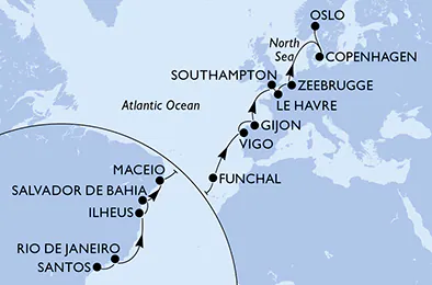 Itinerariu Croaziera Transatlantic Santos spre Oslo - MSC Cruises - MSC Preziosa - 22 nopti