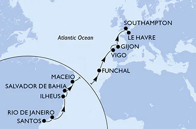 Itinerariu Croaziera Transatlantic Santos spre Le Havre - MSC Cruises - MSC Preziosa - 18 nopti