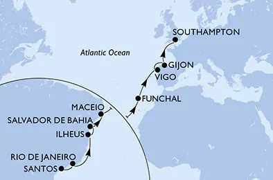 Itinerariu Croaziera Transatlantic Santos spre Southampton - MSC Cruises - MSC Preziosa - 17 nopti