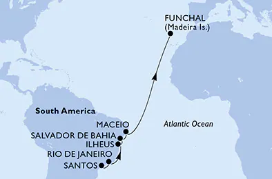 Itinerariu Croaziera Transatlantic Santos spre Funchal - MSC Cruises - MSC Preziosa - 12 nopti