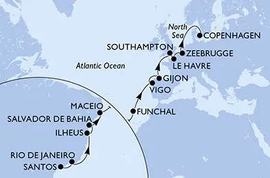 Itinerariu Croaziera Transatlantic Santos spre Copenhaga - MSC Cruises - MSC Preziosa - 21 nopti