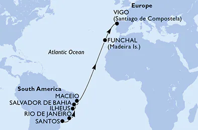 Itinerariu Croaziera Transatlantic Santos spre Vigo - MSC Cruises - MSC Preziosa - 14 nopti