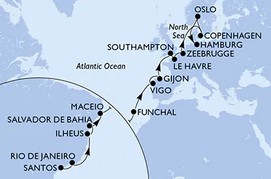 Itinerariu Croaziera Transatlantic Santos spre Hamburg - MSC Cruises - MSC Preziosa - 24 nopti