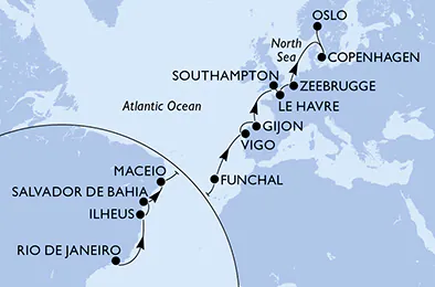 Itinerariu Croaziera Transatlantic Rio de Janeiro spre Oslo - MSC Cruises - MSC Preziosa - 21 nopti
