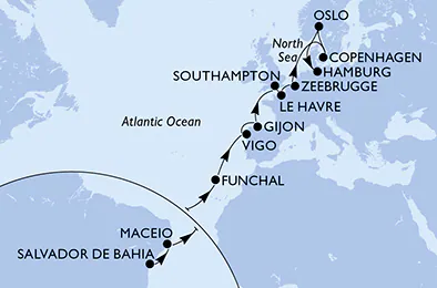 Itinerariu Croaziera Transatlantic Salvador spre Hamburg - MSC Cruises - MSC Preziosa - 20 nopti