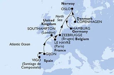 Itinerariu Croaziera Repozitionare Vigo spre Hamburg - MSC Cruises - MSC Preziosa - 10 nopti