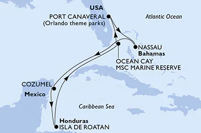 Itinerariu Croaziera Caraibe & Bahamas - MSC Cruises - MSC Seashore - 7 nopti