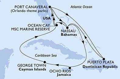 Itinerariu Croaziera Craciun & Revelion in Caraibe & Bahamas- MSC Cruises - MSC Seashore - 14 nopti