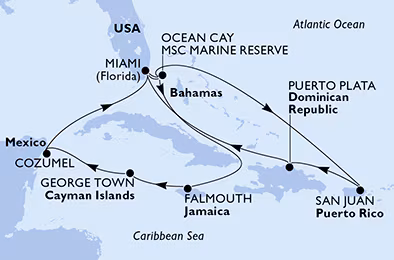 Itinerariu Croaziera Craciun & Revelion in Caraibe & Bahamas - MSC Cruises - MSC Seaside - 14 nopti