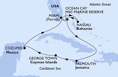 Itinerariu Croaziera Revelion in Caraibe & Bahamas - MSC Cruises - MSC Seaside - 11 nopti