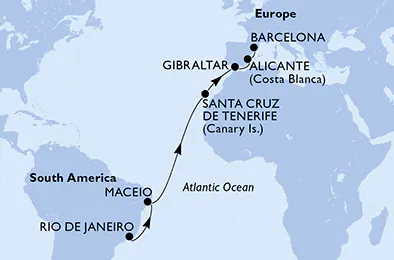 Itinerariu Croaziera Transatlantic Rio de Janeiro spre Barcelona - MSC Cruises - MSC Seaview - 14 nopti