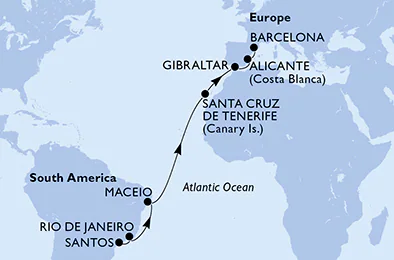 Itinerariu Croaziera Transatlantic Santos spre Barcelona - MSC Cruises - MSC Seaview - 15 nopti