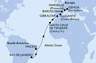 Itinerariu Croaziera Transatlantic Rio de Janeiro spre Genova - MSC Cruises - MSC Seaview - 16 nopti