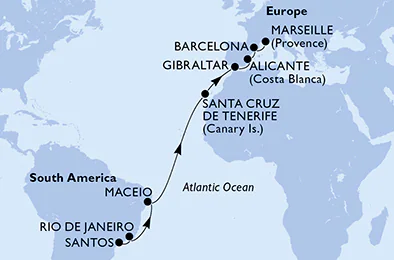 Itinerariu Croaziera Transatlantic Santos spre Marsilia - MSC Cruises - MSC Seaview - 16 nopti