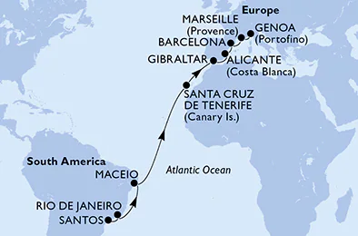 Itinerariu Croaziera Transatlantic Santos spre Genova - MSC Cruises - MSC Seaview - 17 nopti