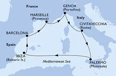 Itinerariu Croaziera Mediterana de Vest - MSC Cruises - MSC Seaview - 7 nopti