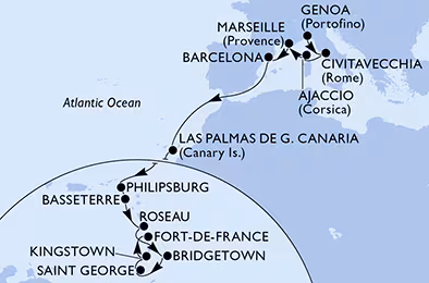 Itinerariu Croaziera Transatlantic Genova spre Fort de France - MSC Cruises - MSC Seaview - 21 nopti