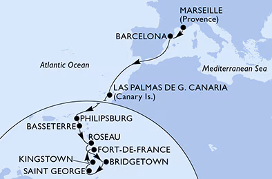 Itinerariu Croaziera Transatlantic Marsilia spre Fort de France - MSC Cruises - MSC Seaview - 18 nopti