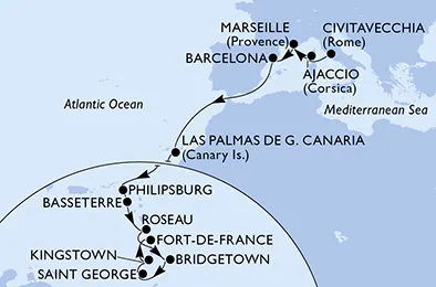 Itinerariu Croaziera Transatlantic Roma spre Fort de France - MSC Cruises - MSC Seaview - 20 nopti