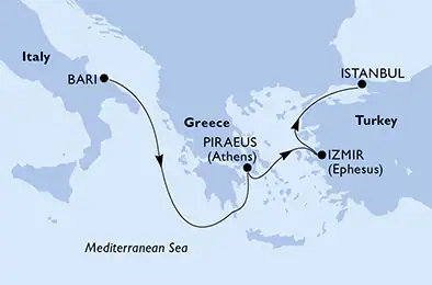 Itinerariu Croaziera Mediterana de Est - MSC Cruises - MSC Sinfonia - 4 nopti
