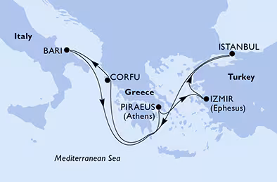 Itinerariu Croaziera Mediterana de Est - MSC Cruises - MSC Sinfonia - 7 nopti