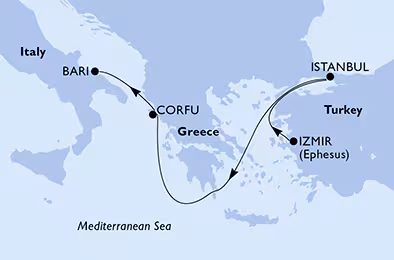 Itinerariu Croaziera Mediterana de Est - MSC Cruises - MSC Sinfonia - 4 nopti