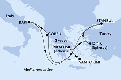 Itinerariu Croaziera Mediterana de Est & Insulele Grecesti - MSC Cruises - MSC Sinfonia - 8 nopti