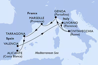 Itinerariu Croaziera Mediterana de Vest - MSC Cruises - MSC Splendida - 7 nopti