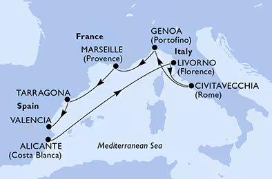 Itinerariu Croaziera Mediterana de Vest - MSC Cruises - MSC Splendida - 7 nopti