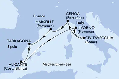 Itinerariu Croaziera Mediterana de Vest - MSC Cruises - MSC Splendida - 7 nopti