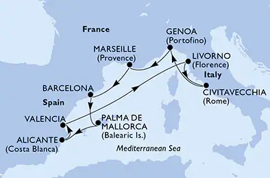 Itinerariu Croaziera Mediterana de Vest - MSC Cruises - MSC Splendida - 9 nopti