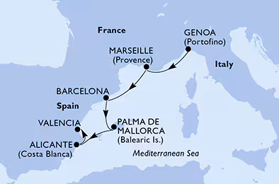 Itinerariu Croaziera Mediterana de Vest - MSC Cruises - MSC Splendida - 5 nopti