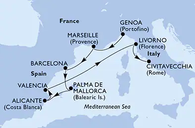 Itinerariu Croaziera Mediterana de Vest - MSC Cruises - MSC Splendida - 8 nopti
