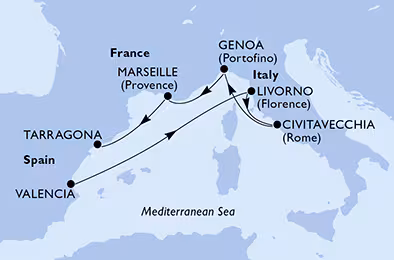 Itinerariu Croaziera Mediterana de Vest - MSC Cruises - MSC Splendida - 6 nopti