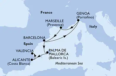 Itinerariu Croaziera Mediterana de Vest - MSC Cruises - MSC Splendida - 7 nopti