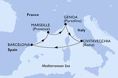 Itinerariu Croaziera Mediterana de Vest - MSC Cruises - MSC Splendida - 5 nopti