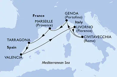 Itinerariu Croaziera Mediterana de Vest - MSC Cruises - MSC Splendida - 7 nopti