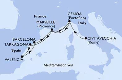 Itinerariu Croaziera Mediterana de Vest - MSC Cruises - MSC Splendida - 7 nopti