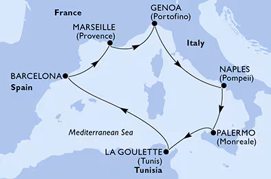 Itinerariu Croaziera Mediterana de Vest - MSC Cruises - MSC Splendida - 7 nopti