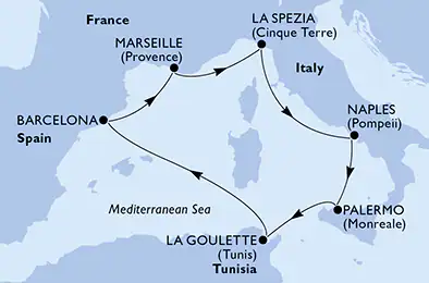 Itinerariu Croaziera Mediterana de Vest - MSC Cruises - MSC Splendida - 7 nopti
