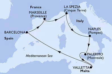 Itinerariu Croaziera Mediterana de Vest - MSC Cruises - MSC Splendida - 7 nopti