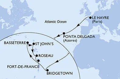 Itinerariu Croaziera Transatlantic Le Havre spre Fort de France - MSC Cruises - MSC Virtuosa - 15 nopti