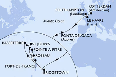 Itinerariu Croaziera Transatlantic Rotterdam spre Pointe a Pitre - MSC Cruises - MSC Virtuosa - 18 nopti