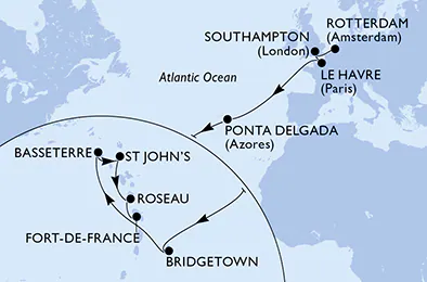 Itinerariu Croaziera Transatlantic Rotterdam spre Fort de France - MSC Cruises - MSC Virtuosa - 17 nopti