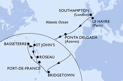 Itinerariu Croaziera Transatlantic Southampton spre Fort de France - MSC Cruises - MSC Virtuosa - 16 nopti