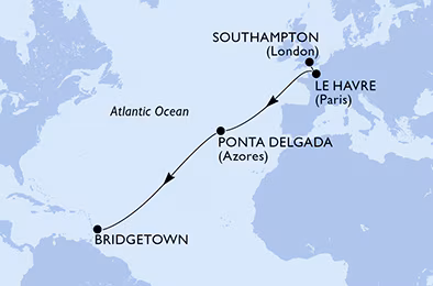 Itinerariu Croaziera Transatlantic Southampton spre Bridgetown - MSC Cruises - MSC Virtuosa - 11 nopti