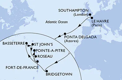 Itinerariu Croaziera Transatlantic Southampton spre Pointe a Pitre - MSC Cruises - MSC Virtuosa - 17 nopti