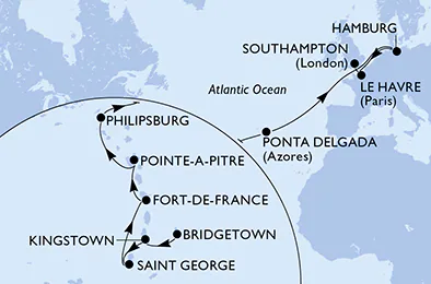 Itinerariu Croaziera Transatlantic Bridgetown spre Southampton - MSC Cruises - MSC Virtuosa - 20 nopti