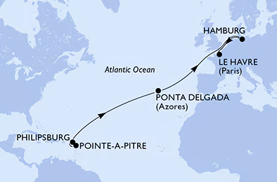 Itinerariu Croaziera Transatlantic Pointe a Pitre spre Le Havre - MSC Cruises - MSC Virtuosa - 14 nopti